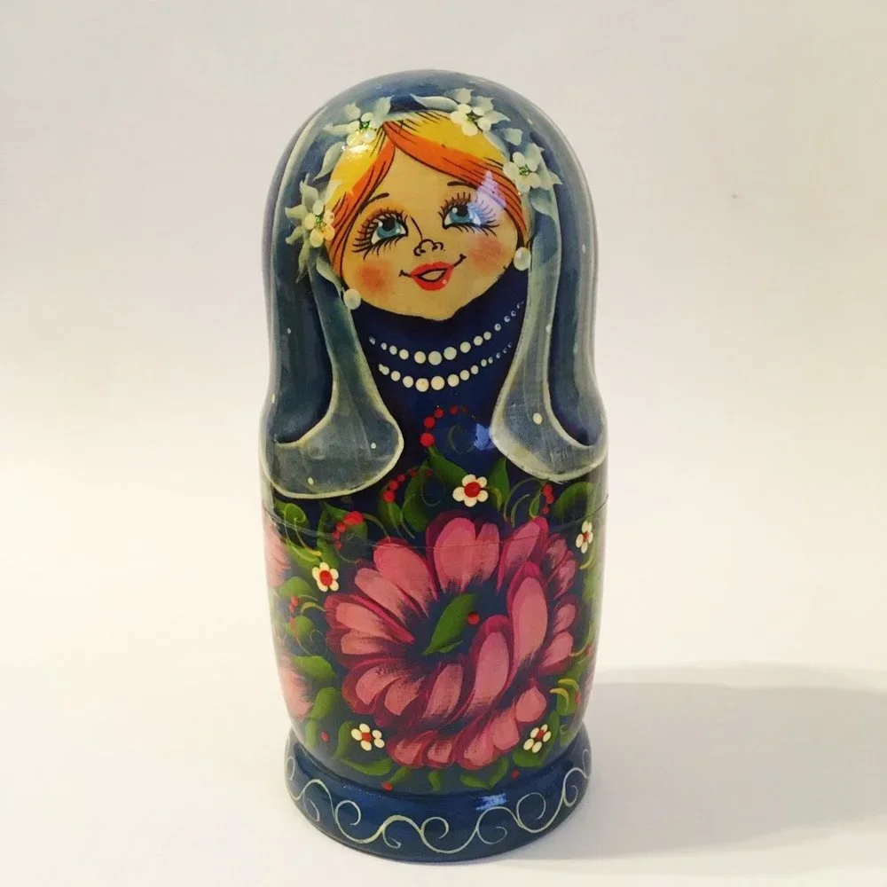 5 Piece Nesting Dolls Hand Painted Wood Flowers Vintage Collectible 7.5